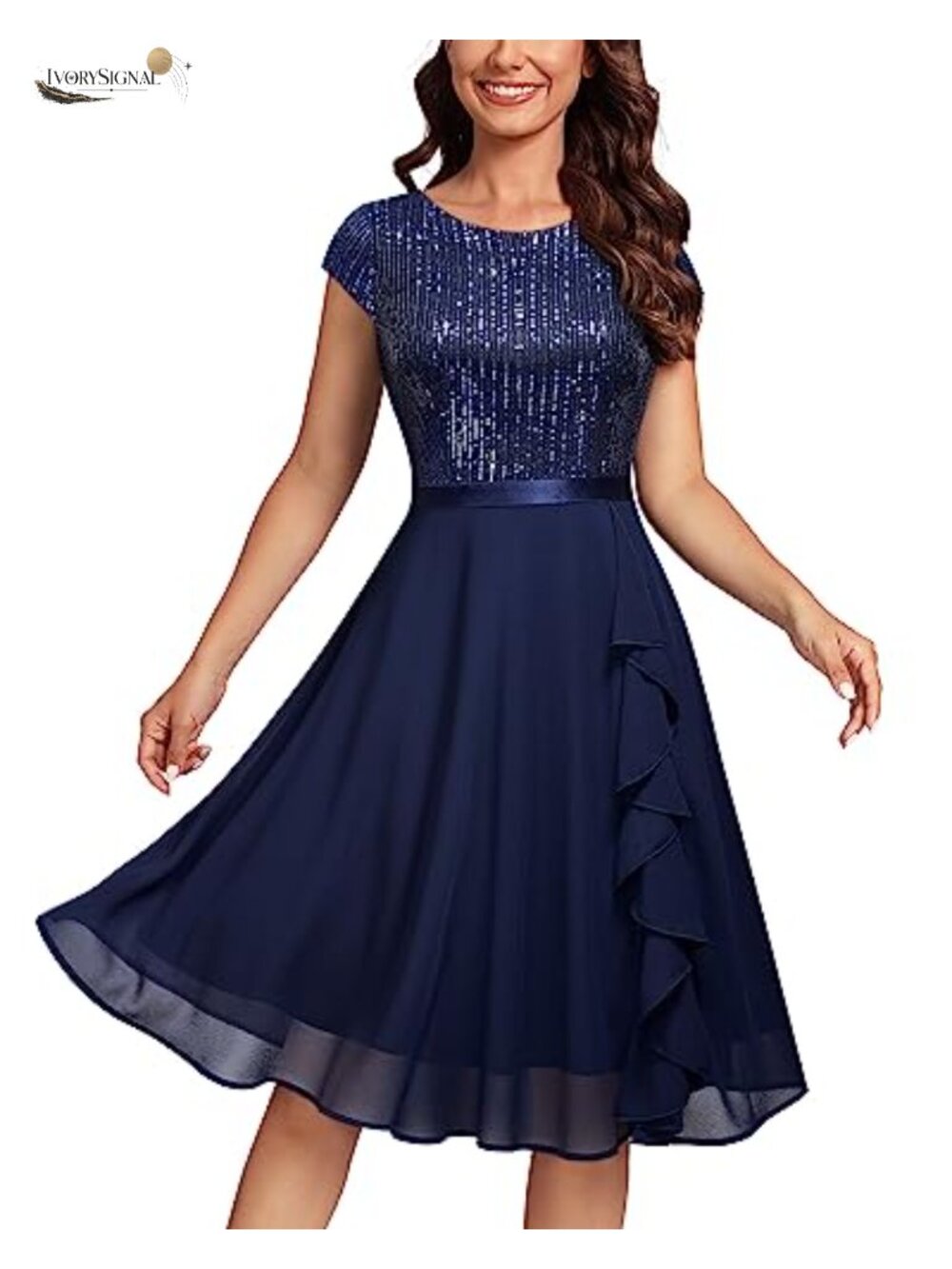 Elegant Sequin Ruffle Cocktail Dress Scoop Neck Cap Sleeve A-Line